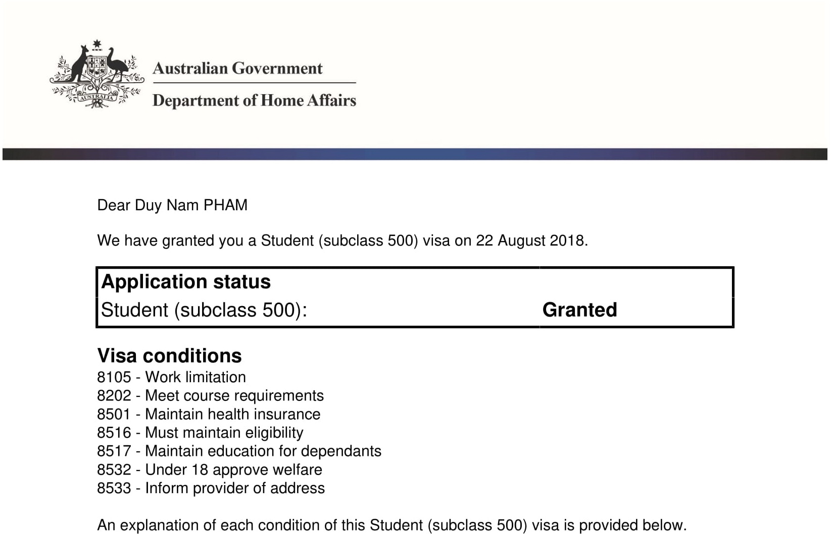 Visa du học Úc &#8211; Phạm Duy Nam &#8211; Deakin University